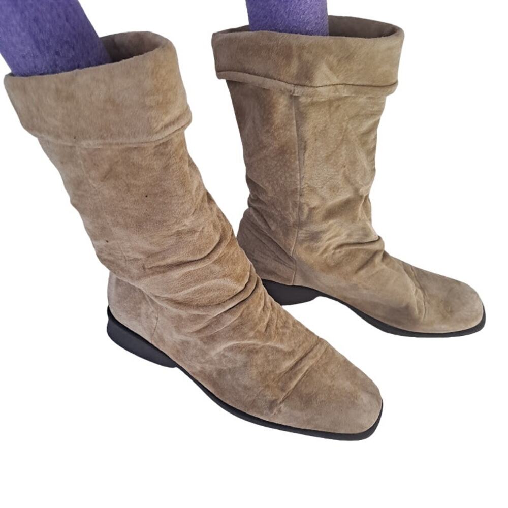 Vintage Suede Boots Women Size 8W Y2K Slouchy Midcalf Square Toe Heel Tan Grunge
